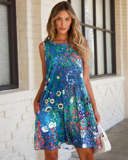 elescat Women's Summer Dresses 2025 Beach Casual Sleeveless Floral Print Tank Loose Sundress with Pocket