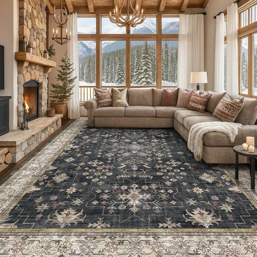 Boho Black Rug - Washable 10x14 Area Rug for Living Room & Dining Room | Soft Low Pile, Non-Slip & Stain Resistant