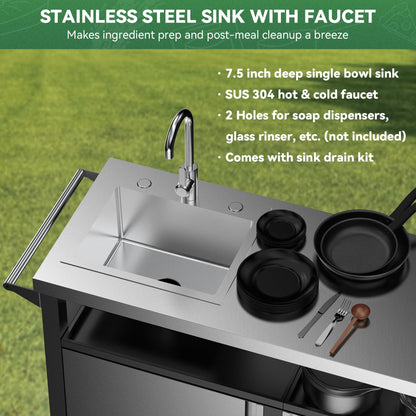 Stanbroil Rolling Outdoor Kitchen Island with Stainless Steel Table Top & Storage Cabinets, Sink&Faucet Included, Extra Large
