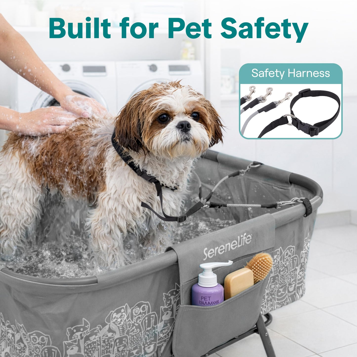 SereneLife Foldable Dog Bath Tub with Adjustable Height, 360° Access, Drain Hose & Storage Pockets – 130 lb Capacity Grooming Station for Indoor/Outdoor Use (Gray)