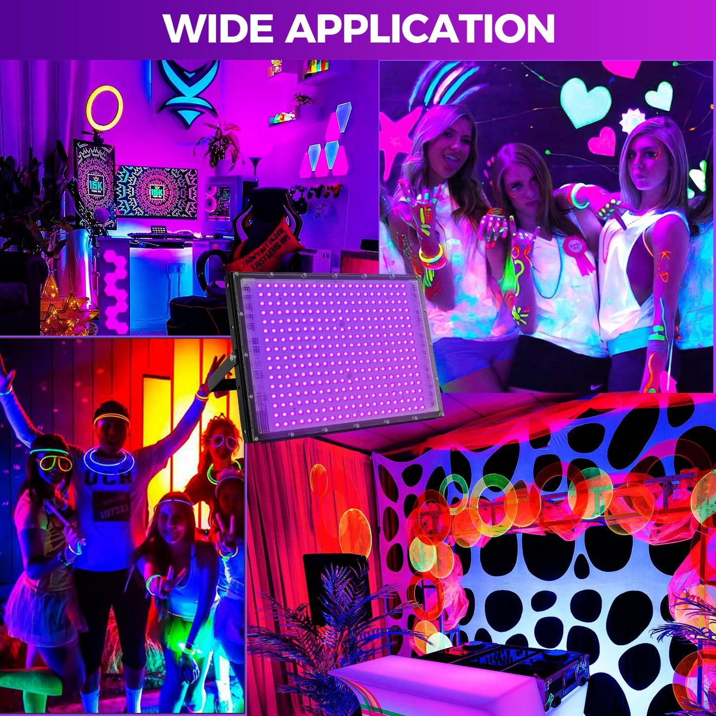 Waygor 300W LED Black Lights for Glow Party, Black Light Flood Light IP65 Waterproof 395nm UV Blacklight Floodlight Purple Black Light Spotlight Fluorescent UV Light Lamp for Halloween Decor (4 Pack)