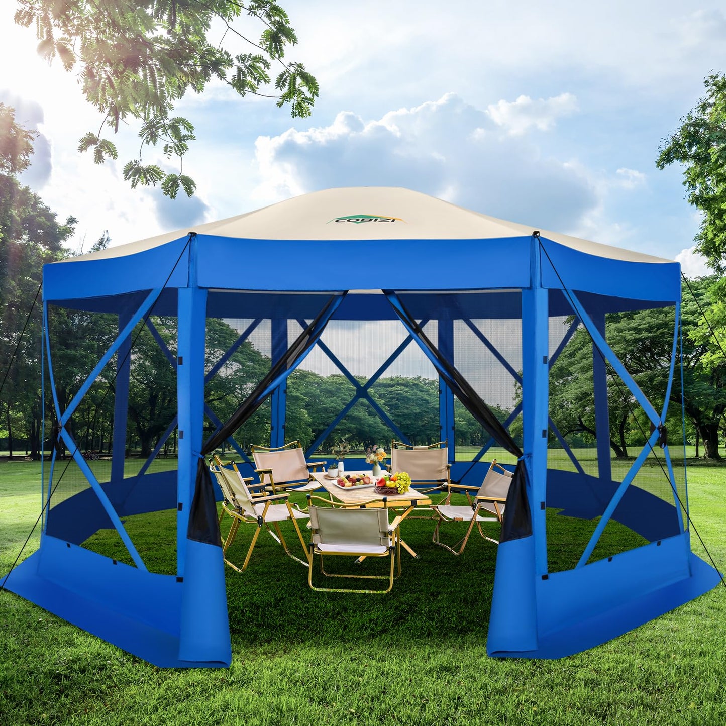 COBIZI Pop Up Gazebo Screen Tent Screen House for Camping, 15x15 Screen Room with Mosquito Netting, Hub Tent Instant Screened Canopy with Carrying Bag and Ground Stakes, Blue