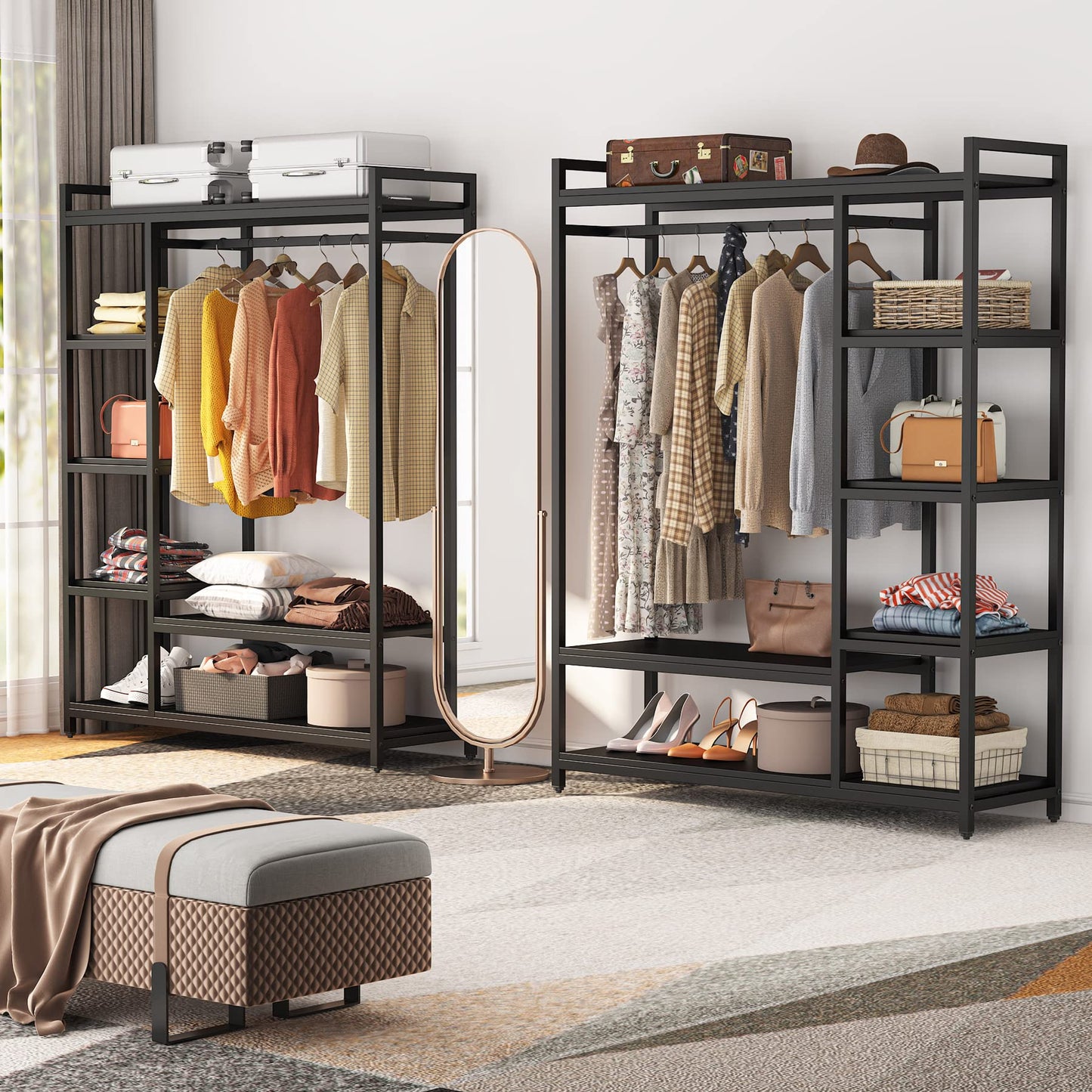 LITTLE TREE Free Standing Wood Closet Clothes Rack,Heavy Duty Grament Rack with Shelves,Hanging Racks for Clothes Clothing Rack for Bedrom,Wardrobe Closet Organizer,350 lb Capacity,Black