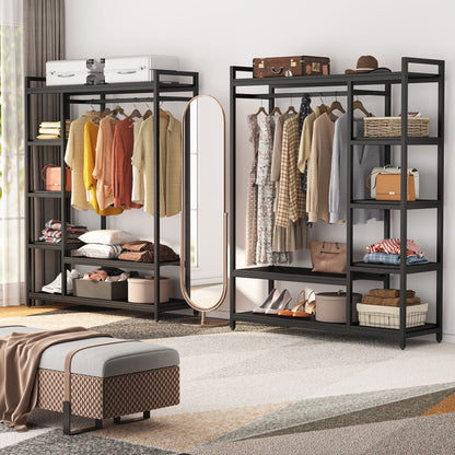 LITTLE TREE Free Standing Wood Closet Clothes Rack,Heavy Duty Grament Rack with Shelves,Hanging Racks for Clothes Clothing Rack for Bedrom,Wardrobe Closet Organizer,350 lb Capacity,Black