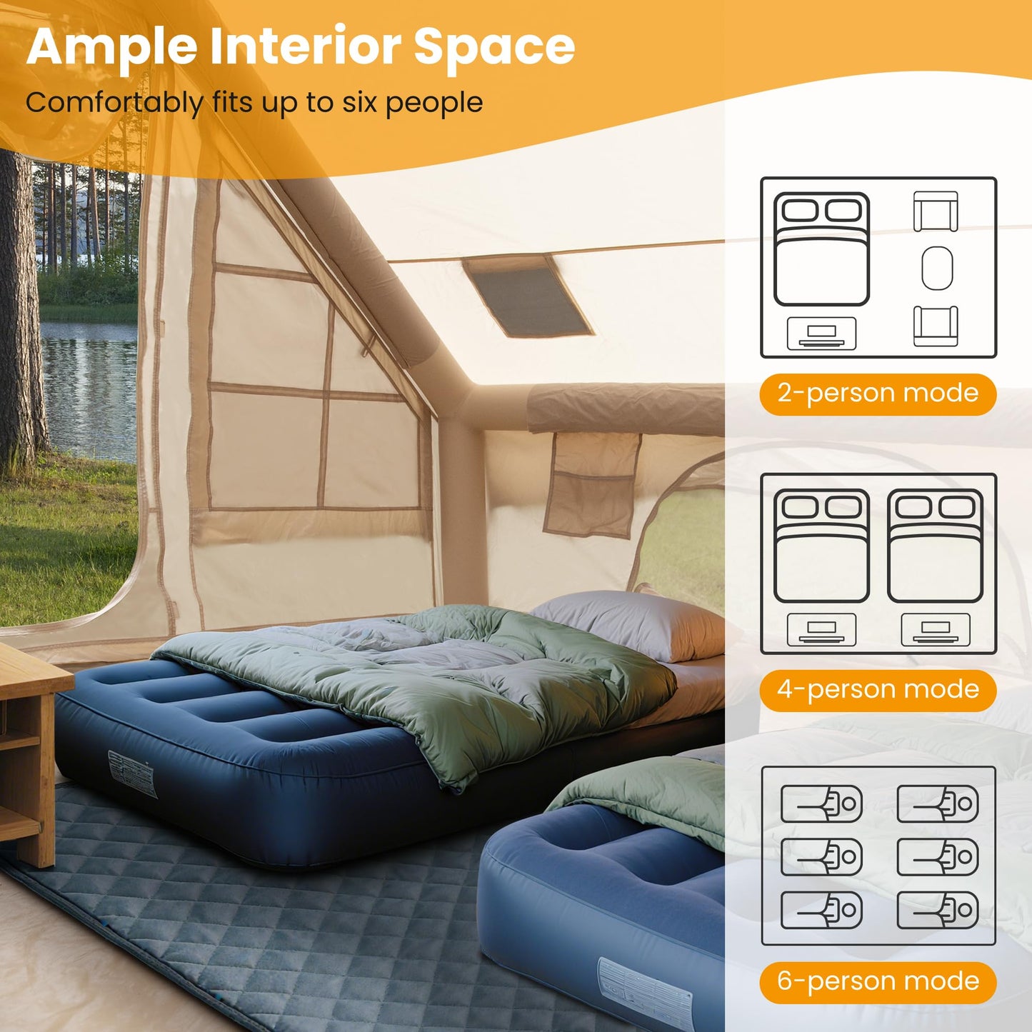 Inflatable Tent for Camping 4-6 Person, Blow Up Glamping Tents with Pump, Quick Setup Cabin Air House with Panoramic Skylight and Front Canopy, Waterproof Oxford Family Outdoor Shelter, Beige