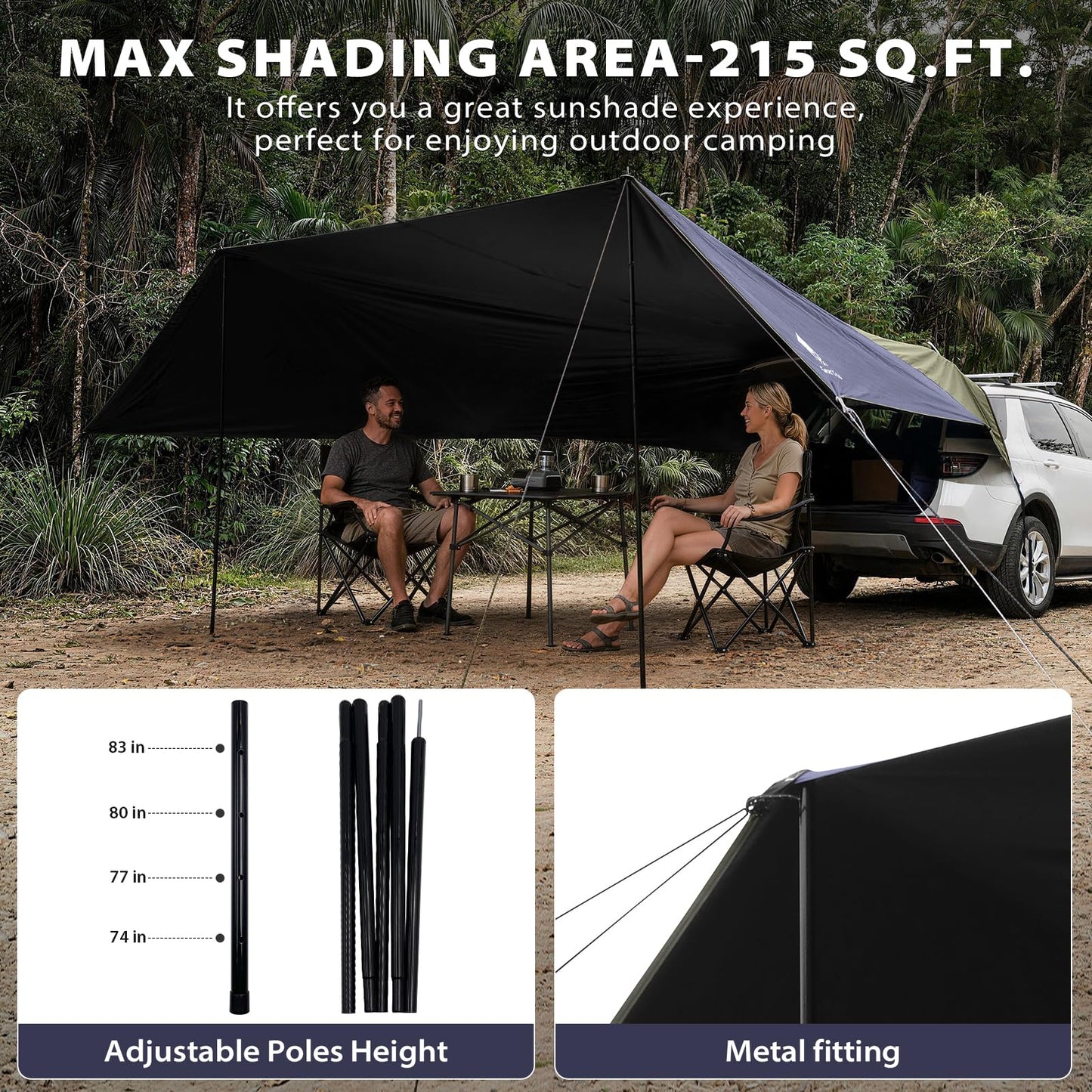 GEERTOP Large Car Awning Tarp Blackout Sun Shade Shelter for SUV Truck Tailgate Canopy Waterproof for Camping Beach Tailgating - Easy Setup with Poles