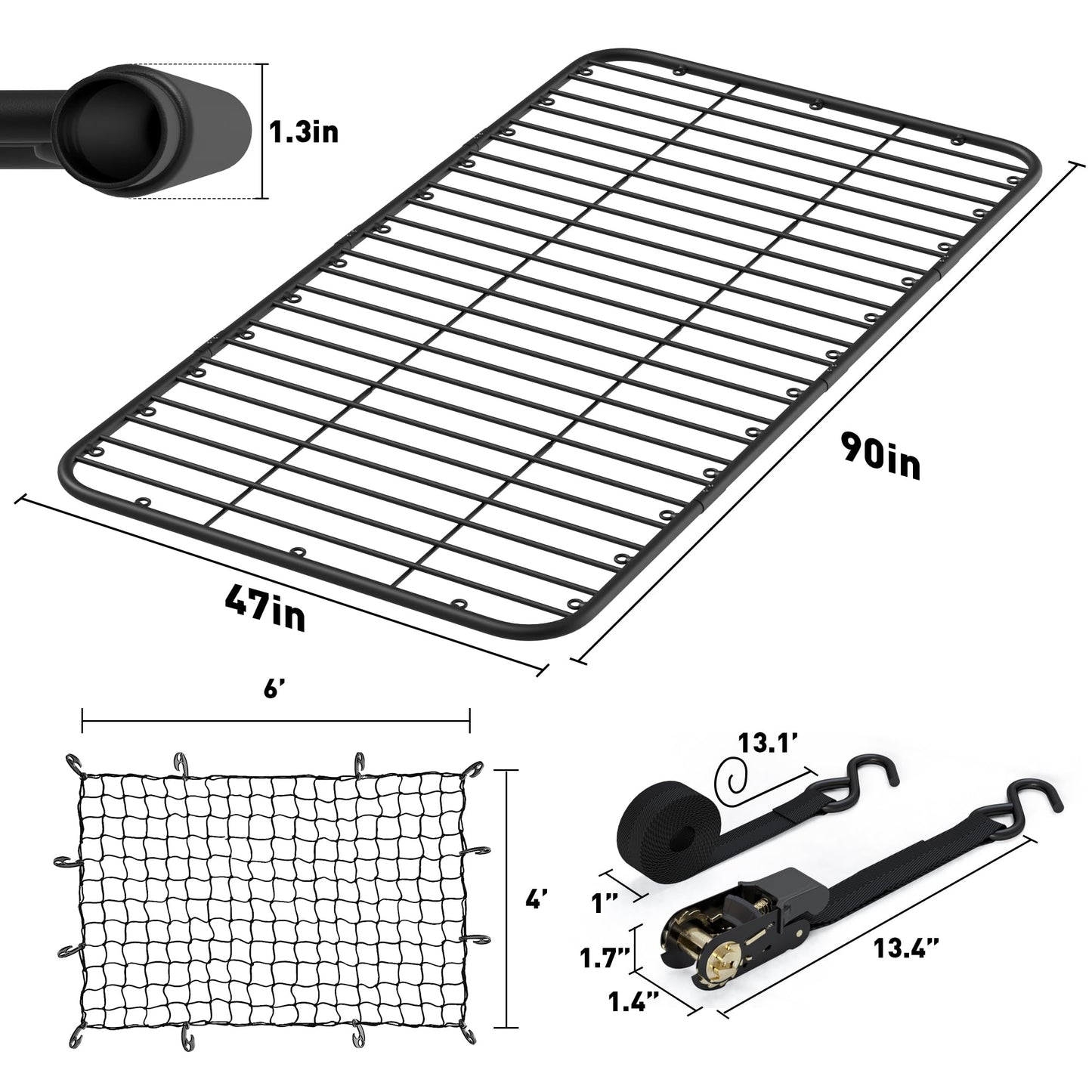 WILDROAD Car Roof Platform, Universal Roof Flat Rack 90" x 47" x 1.3" Heavy Duty Roof Rack Platform with Super Duty Bungee Cargo Net, Ratchet Straps and Anti-Rust Sealant Fits for SUV Truck Cars