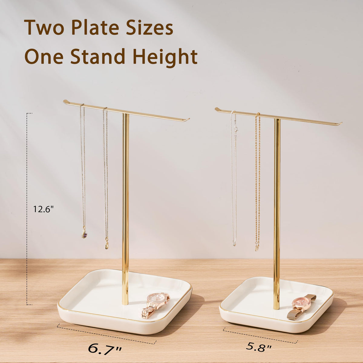 pickpiff Necklace Holder Stand with Ceramic Base: 12" Jewelry Tree Display Organizer for Necklaces, Bracelets, Rings, Earrings, Tall Gold Stand for Women, Aesthetic Room Décor, Gold and White