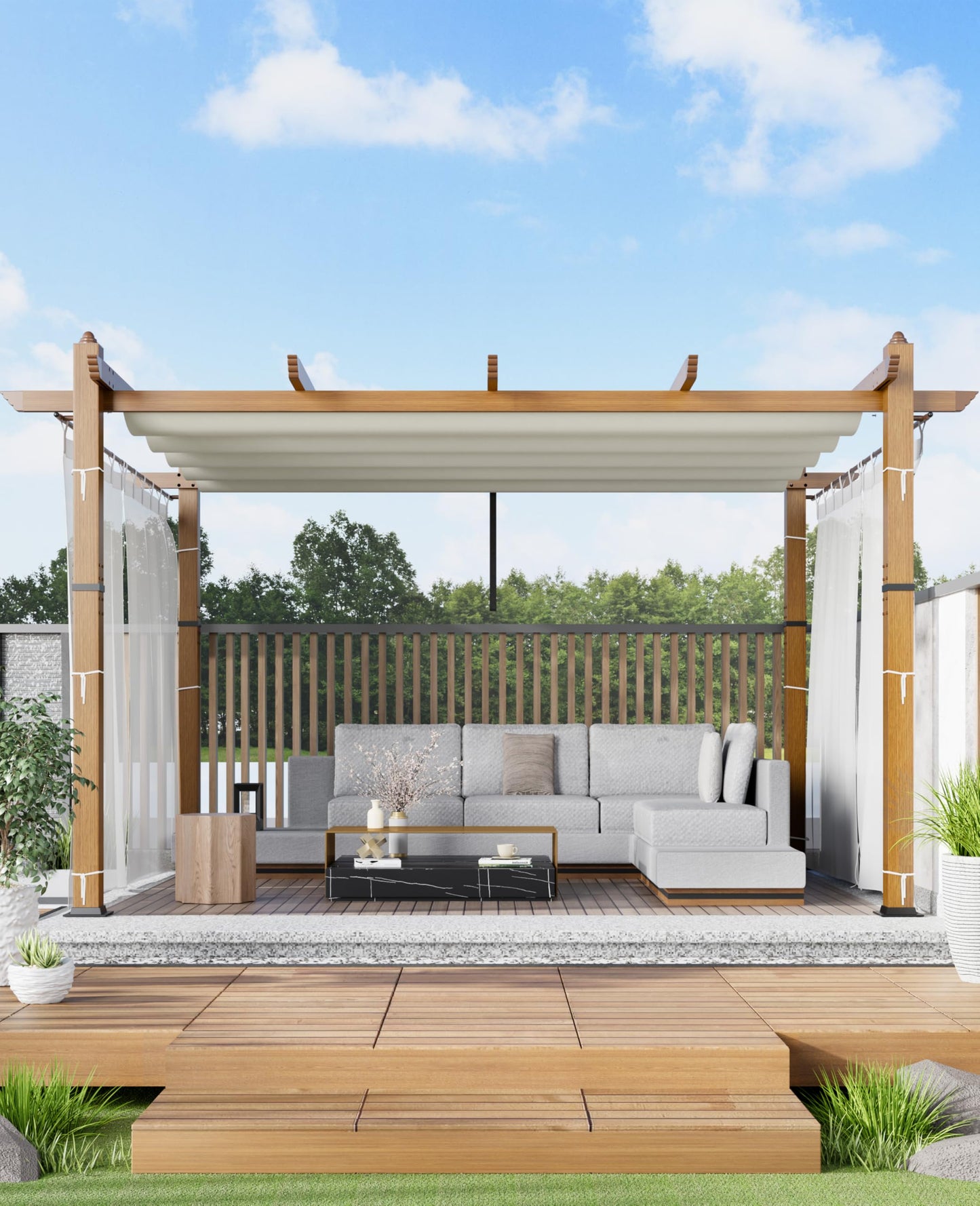 Garvee 10x13 ft Outdoor Retractable Pergola with Canopy and Side Mesh Screen, Upgraded Wood-Grain Post Aluminum Pergola, Modern Pavilion for Backyard, Patio, Porch, Grape Trellis, Beige+White