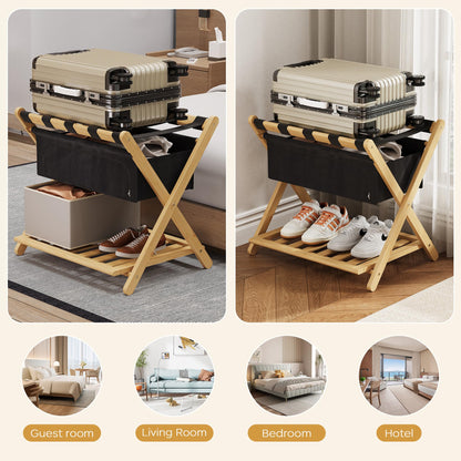 Full Assembled 26.77"L Luggage Rack for Guest Room, Set of 2 Foldable Suitcase Stand with 5 Nylon Straps & Cloth Bag, Luggage Stand Holder with Shoe Shelf for Suitcases Hotel (Natural Wood Bamboo)