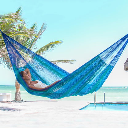 NOVICA Artisan Cool Lagoon Striped Mayan Hammock, Handmade Blue and Green Nylon Rope Double Hammock from Mexico, Bed 78" L x 78" W, Total 158" L