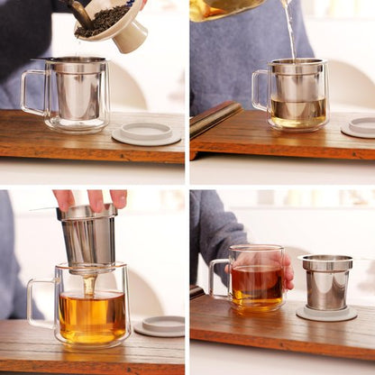 CNGLASS 12oz Double Walled Glass Tea Cup with Stainless Steel Infuser and Lid,Borosilicate Glass Tea Infuser Mug for Loose Tea,Teabag,Set of 1