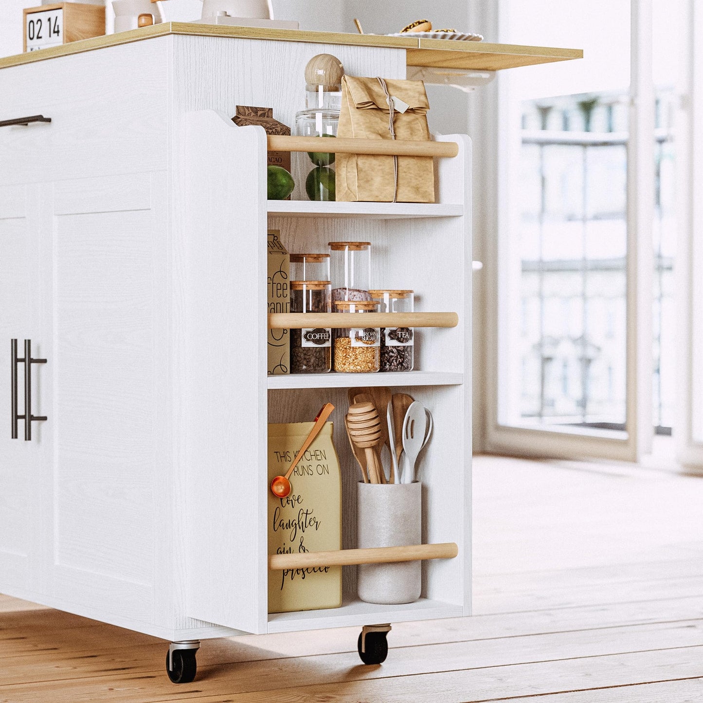 IRONCK Kitchen Island with Storage, Rolling Kitchen Island on Wheels with Drop Leaf, 3 Open Spice Rack Shelf, Door Cabinet, Drawer, Kitchen Cart Island Table for Kitchen, White