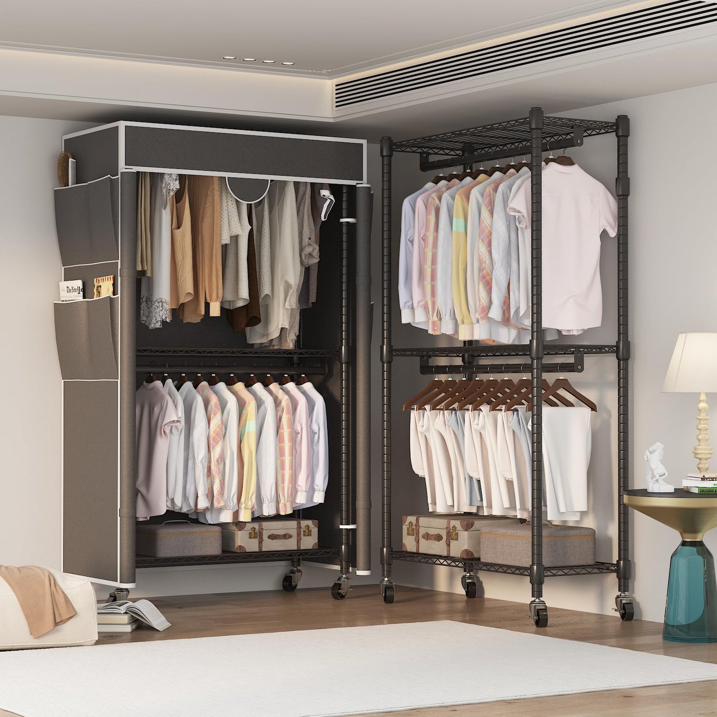 Homdox Garment Rack with Cover, Heavy Duty Clothing Rack for Hanging Clothes, Portable Closet Wardrobe, Double Rods Garment Rack with wheels, 35.1" W x 17.4" D x 80.6" H, Gray