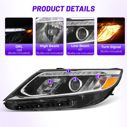 XGWZ LED Headlights Assembly Compatible with 2014 2015 Kia Sorento Black Housing Clear Lens, Passenger and Driver Side