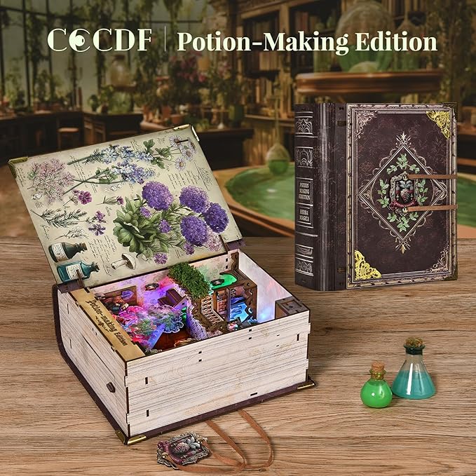 Book Nook Kit DIY Miniature Dollhouse Booknook Kit 3D Wooden Puzzle for Teens and Adults Bookend Bookshelf Insert Decor with LED Light (Potion-Making Edition)