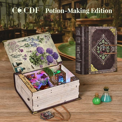 Book Nook Kit DIY Miniature Dollhouse Booknook Kit 3D Wooden Puzzle for Teens and Adults Bookend Bookshelf Insert Decor with LED Light (Potion-Making Edition)