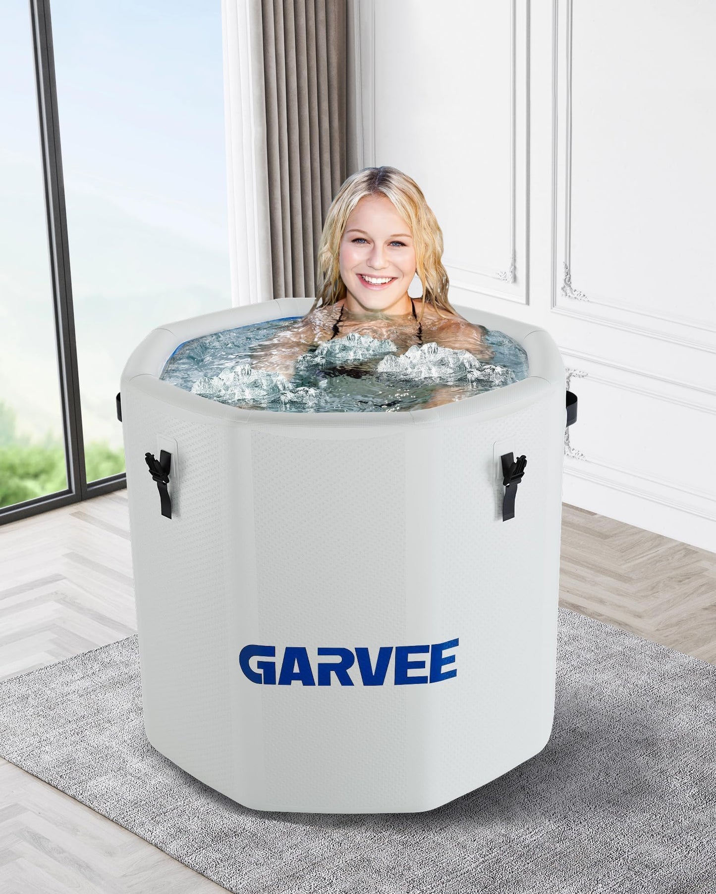 GarveeTech Ice Bath Tub for Athletes, Compatible with Water Chillers, 186Gallon Inflatable Cold Plunge Tub with Insulated Lid, Portable Cold Water Therapy Ice Pod for Recovery (White-Blue, 186Gallon)