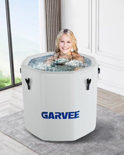 GarveeTech Ice Bath Tub for Athletes, Compatible with Water Chillers, 186Gallon Inflatable Cold Plunge Tub with Insulated Lid, Portable Cold Water Therapy Ice Pod for Recovery (White-Blue, 186Gallon)