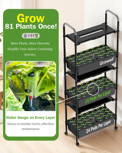 Growell Large Hydroponics Growing System Kit, Vertical Indoor Herb Garden Kit with LED Grow Light & Independent Water Pump, 42L Movable Indoor Planter Perfect Gardening Gifts (3 Tier-81 Pods, Black)