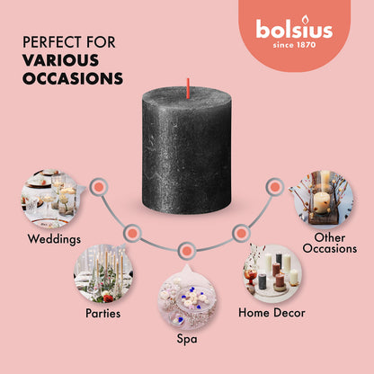 BOLSIUS Anthracite Black Shimmer Metallic Pillar Candles 4 Pack - 2.75 X 3.25 Inches - Premium European Quality - Includes Natural Plant-Based Wax - Unscented Smokeless 35-Hour Wedding Candles