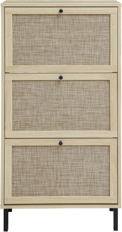 ZeHuoGe Natural Rattan Shoe Storage Rack - Modern 3-Tier Cabinet with 3 Flip Drawers for Heels & Slippers