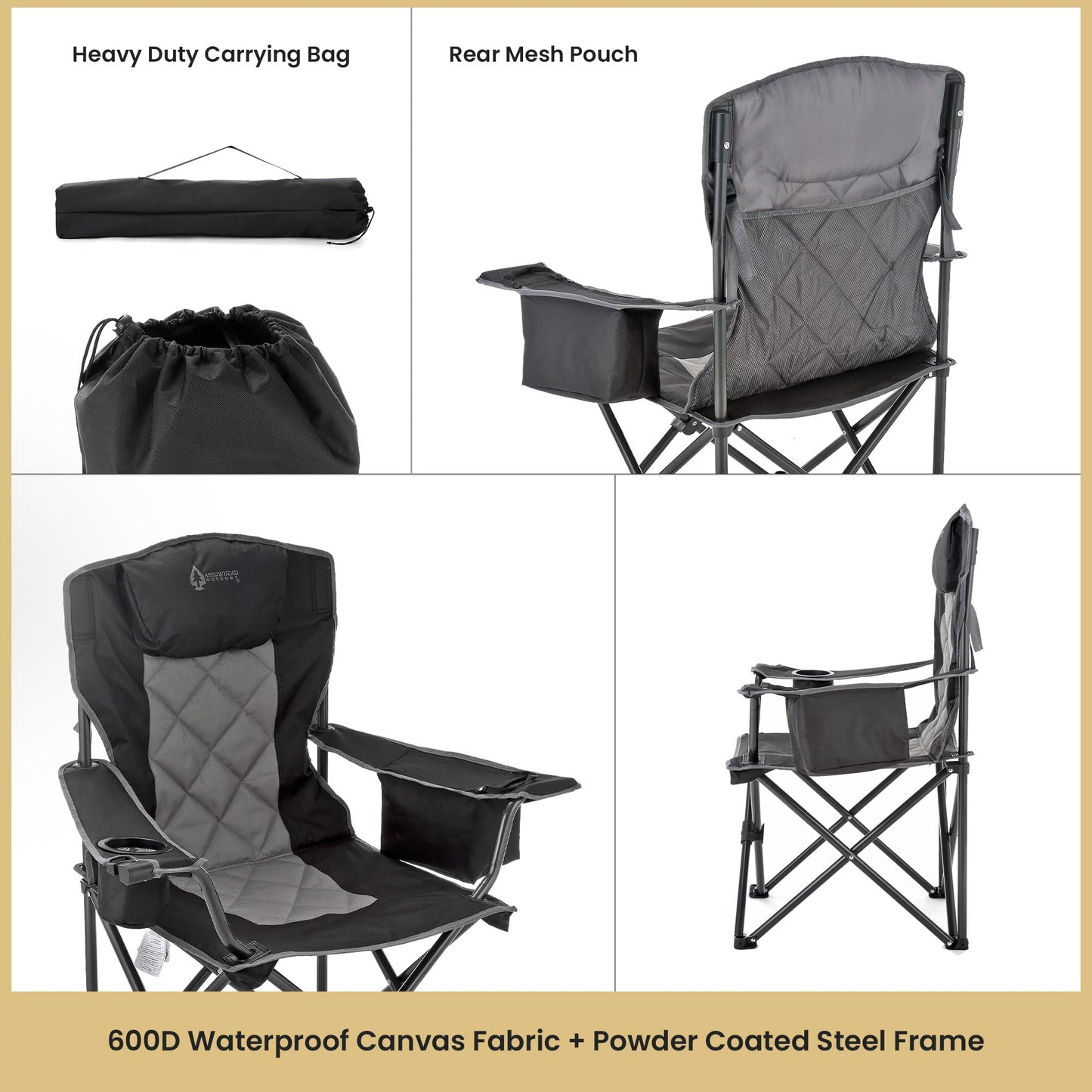 ARROWHEAD OUTDOOR 2-Pack Portable Deluxe Folding Camp Quad Chair w/Headrest, Glass & Cup Holders, Armest 6-can Cooler, Heavy Duty Carry Bag, 550 lbs Weight Capacity