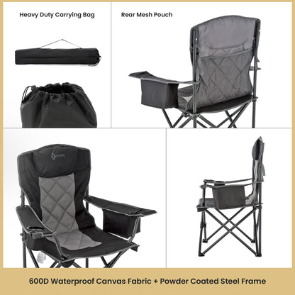 ARROWHEAD OUTDOOR 2-Pack Portable Deluxe Folding Camp Quad Chair w/Headrest, Glass & Cup Holders, Armest 6-can Cooler, Heavy Duty Carry Bag, 550 lbs Weight Capacity