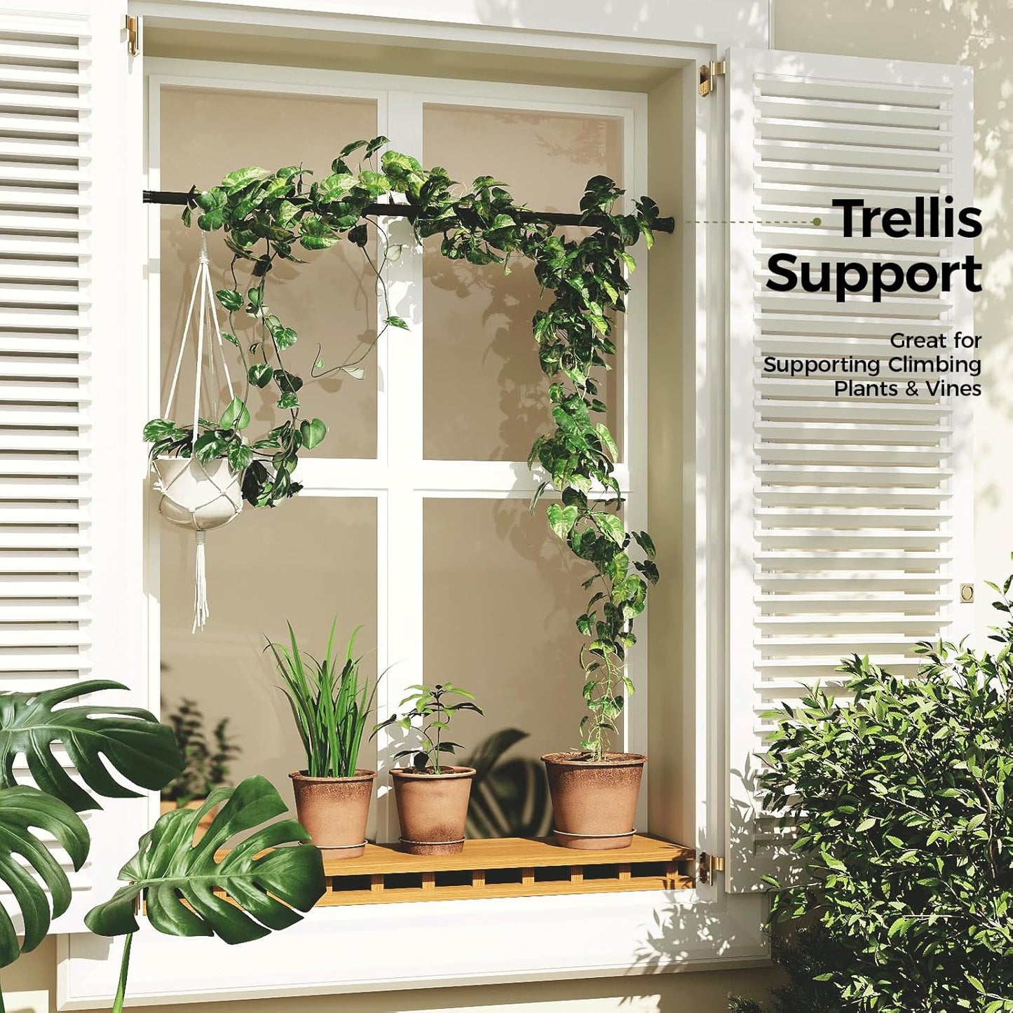 Bamworld Adjustable Window Plant Hanger - No Drill Expandable Indoor Planter Holder | 27''-51'' Black