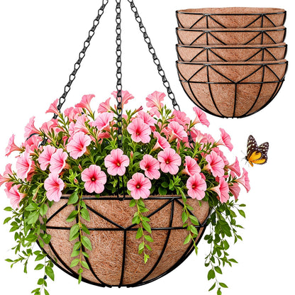 Halatool 4 Pack 14 Inch Hanging Baskets for Outdoor Plants, Heavy Duty Basket with Coco Liners, Rust-Proof Hanging Planters for Patio Fence Balcony Decor Trailing Vines Ferns Succulents Herbs