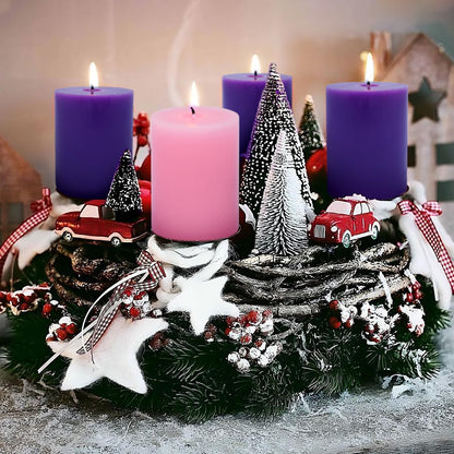 Set of 4 2x3 Inch Advent Pillar Candles, Dripless Unscented Purple and Pink Candles for Christmas Advent Holiday Season - 24 Hours Burn Time