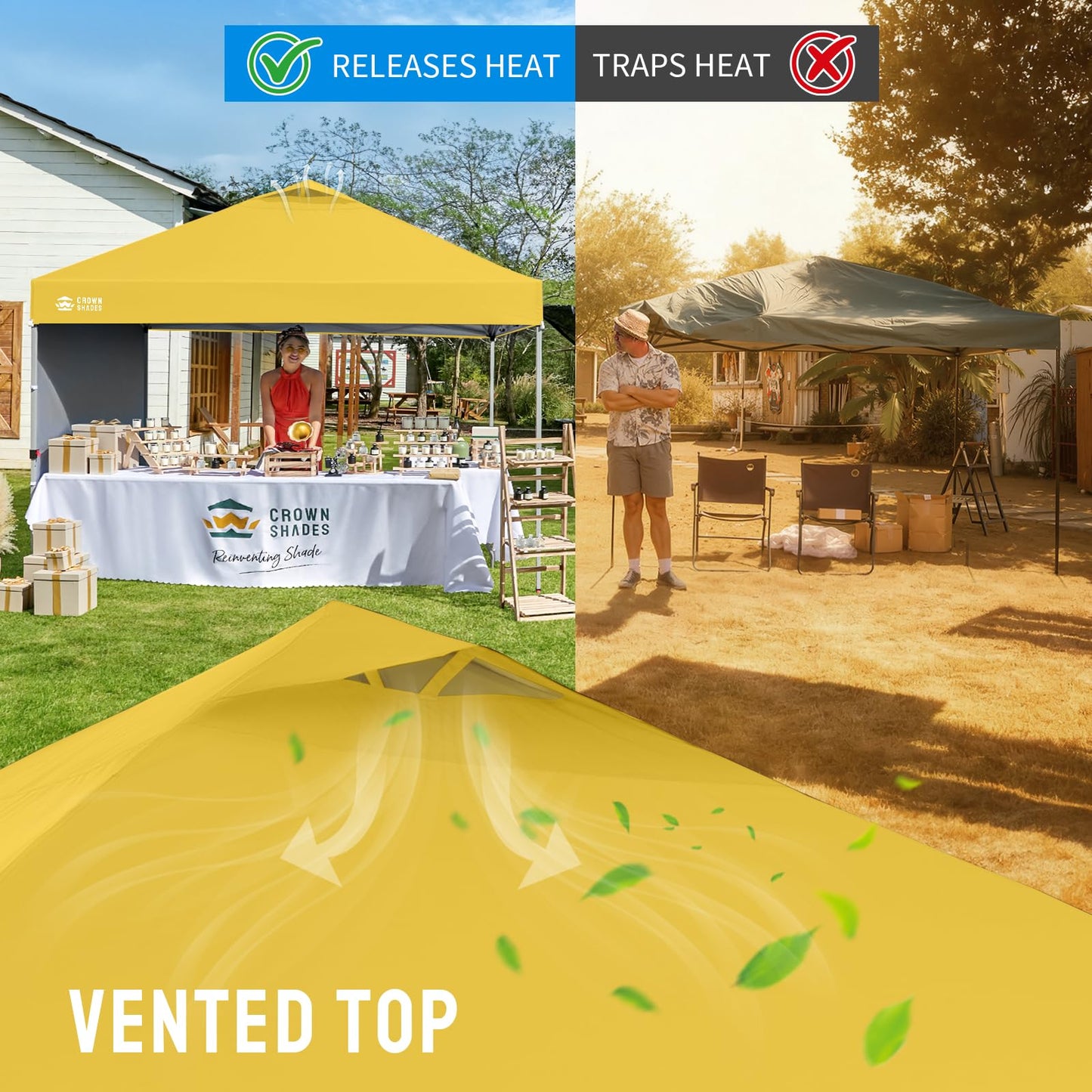 CROWN SHADES 10x10 Pop Up Canopy with 1 Side Wall - Beach Tent with One Push Setup - Outdoor Sun Shade for Events, Parties, Camping - Gazebo with STO-N-Go Cover Bag (Yellow)