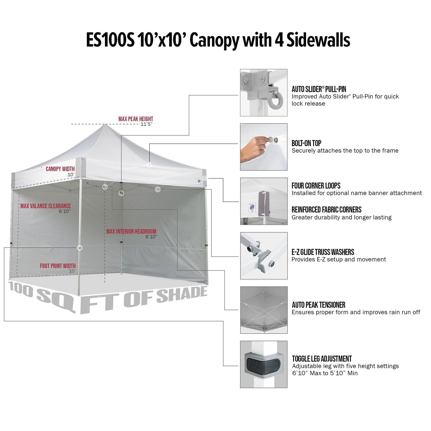 E-Z UP ES100S Instant Commercial Pop Up Canopy Tent, 10' x 10' with 3 Sidewalls, 1 Mid-Zip Sidewall and Wide-Trax Roller Bag, White