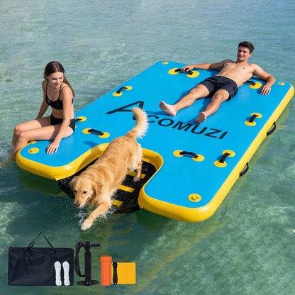 ACOMUZI Inflatable Water Platform with Dog Ramp, Heavy-Duty 6" Thick Drop Stitch Floating Dock for Pets Adults, Portable Lake Raft for Boat Pool Beach, Includes Pump