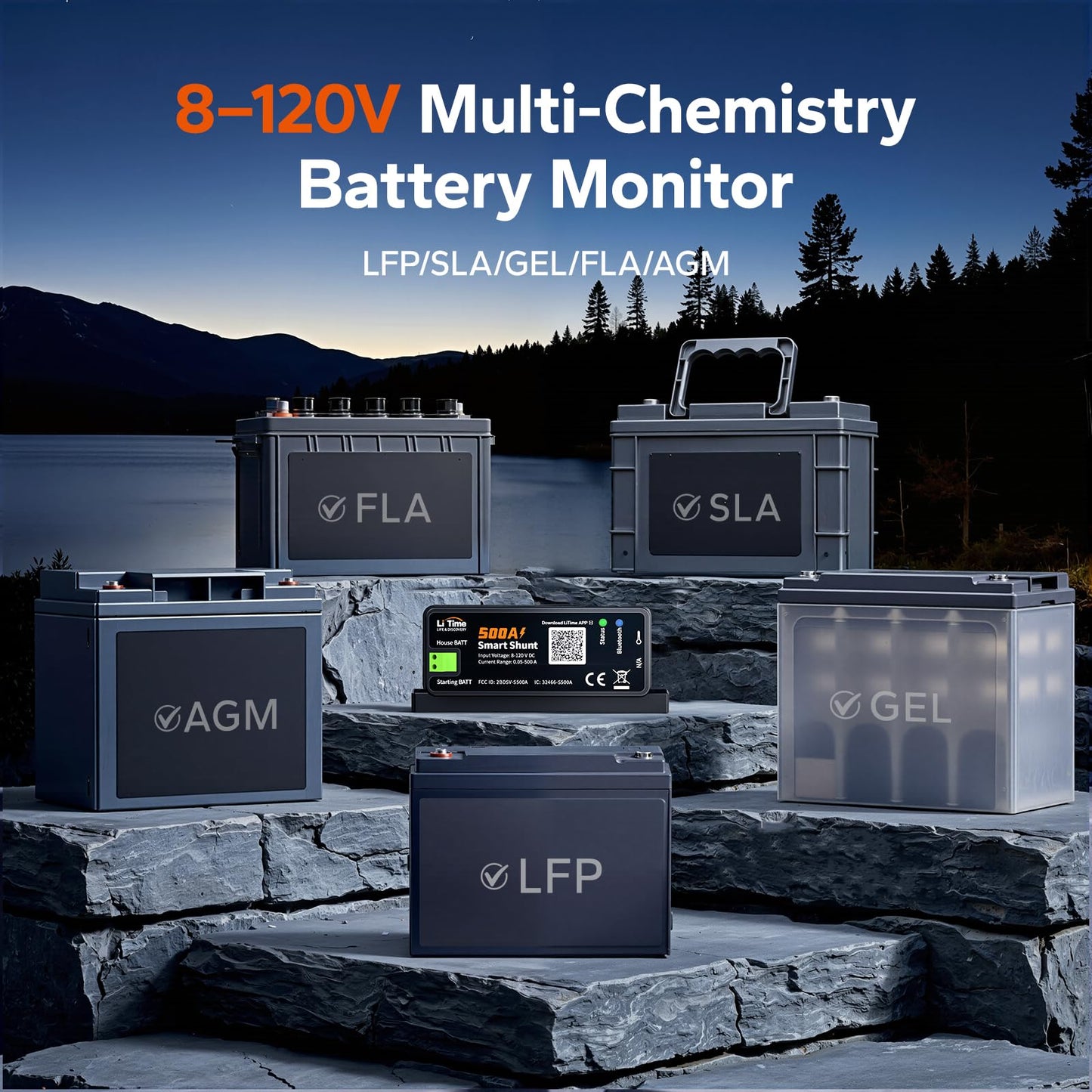 Litime 500A Bluetooth Battery Shunt, Compatible with 8V–120V Lead Acid, LFP, Lithium, AGM Batteries, SOC, Alarm Alerts, History Records, App Monitoring, Ideal for RV/Marine/Off-Grid