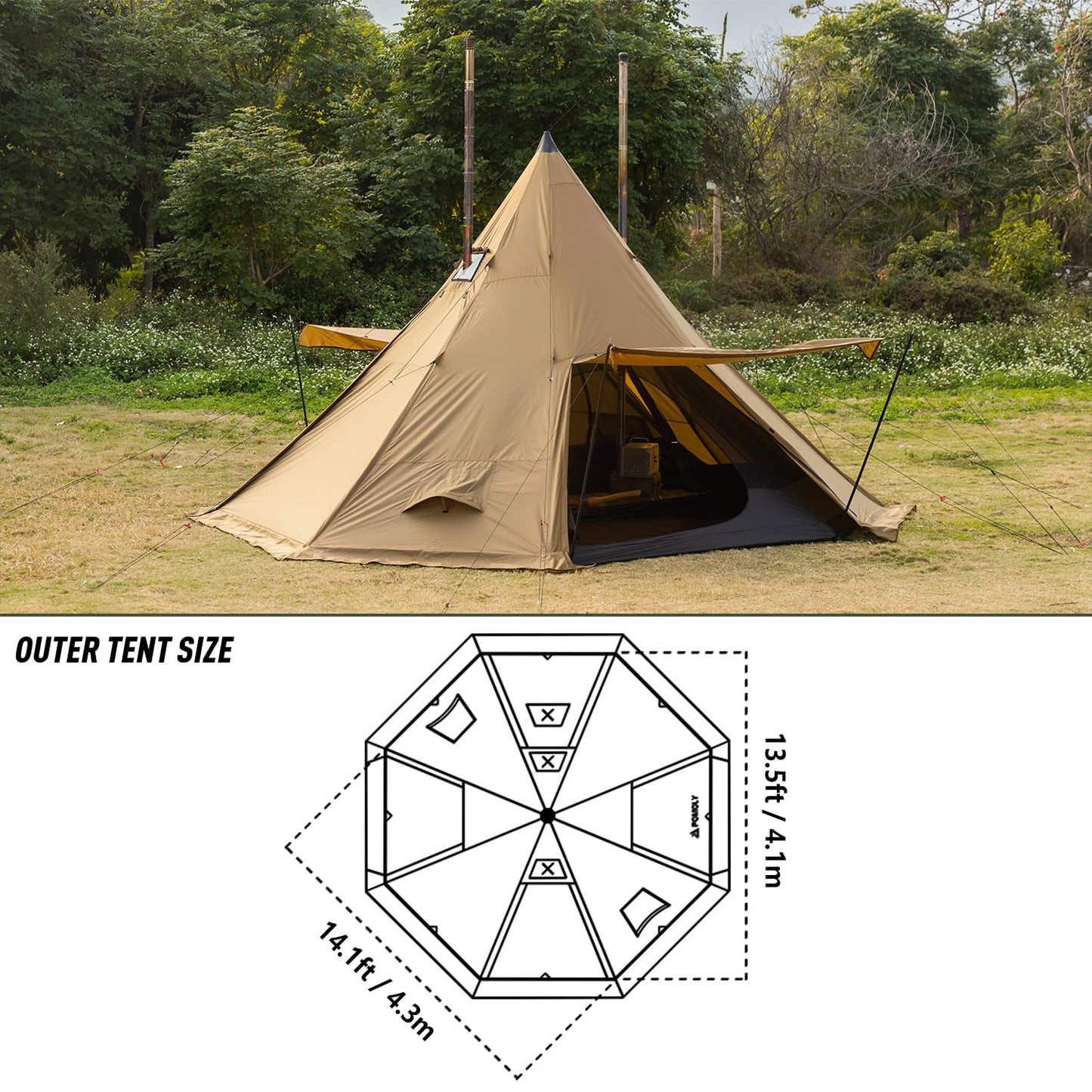 POMOLY Tipi Tent Camping Hot Tents, Bromance 70 Pyramid with 3 Stove Jacks for 2-4 Person Hiking Hunting (Without Inner Tent)
