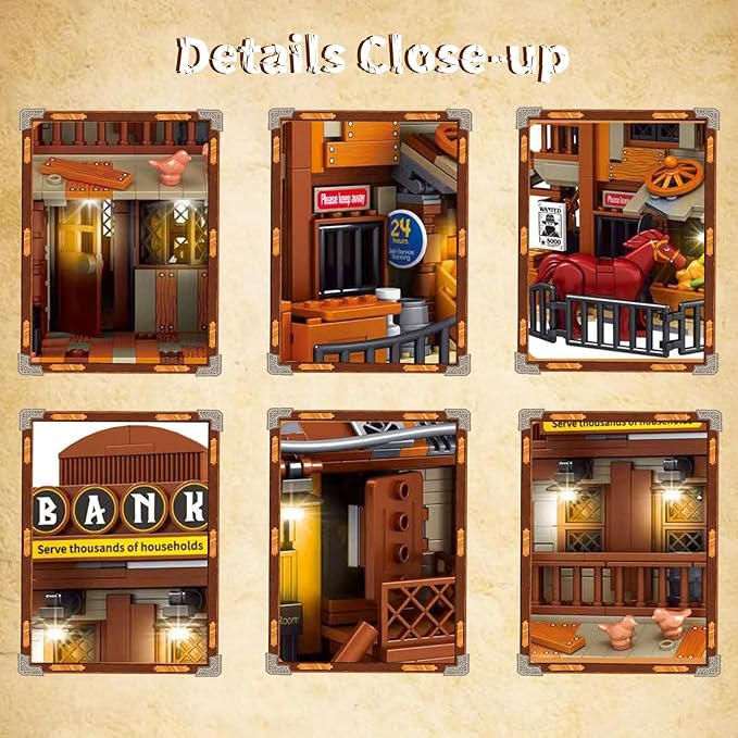 Western Bank Modular Building Set for Adults Wild West Cowboys Cabin with HorsesWagon &amp LED Lights Collection House Set for West Lovers (1299PCS)