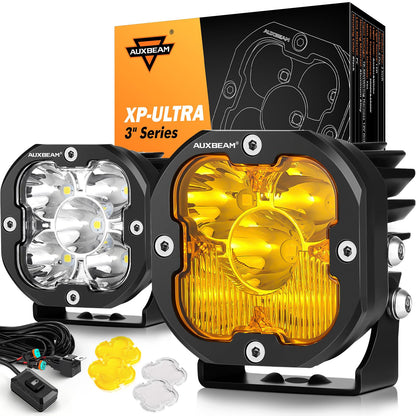 Auxbeam XP-Ultra Series 3" 80W Cube LED Pods White Spot Beam & Amber Combo Beam Replaceable Light Covers 9600LM Yellow Offroad Ditch Lights Driving Light Bar, Pair