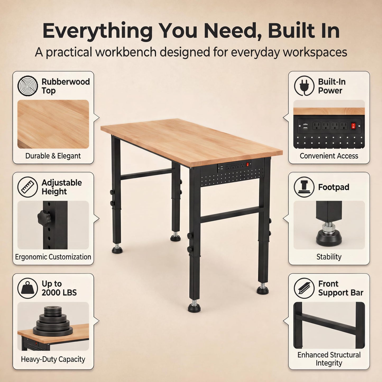 VUWIF 48" Workbench with Footpads, Adjustable Height Workbench with Rubberwood Top, Built-in Power Strip with 4 AC Outlets and 2 USB Ports, 2000 LBS Capacity for Garage, Workshop, and Home