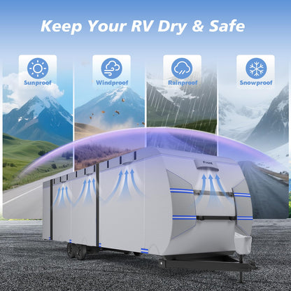 RV Cover 30-33ft, 7 Layers Heavy Duty Travel Trailer Cover, Weatherproof & UV Resistant Camper Cover with 10 Windproof Straps, 4 Tire Covers, Storage Bag, Gutter & Tongue Jack Covers