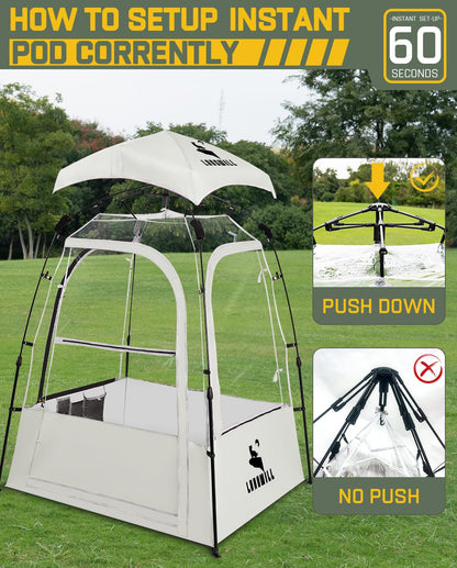 LANGWILL Pod All Weather Sports Tent, Outdoor Pop Up Bubble Clear 540° View Winter Tent for 1-2 Person, Instant Cold Weather Shelter with Rainfly for Soccer, Football, Softball & Other Sports Events