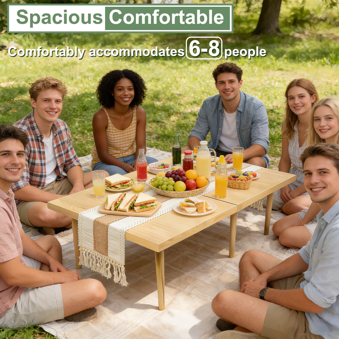 YIRCELOM Folding Picnic Table with Table Runner, 60" x 30" Large Wooden Japanese Floor Table, Portable Boho Low Picnic Table, Adjustable Heights Legs, for Indoor Outdoor Camping, for 6-8 People