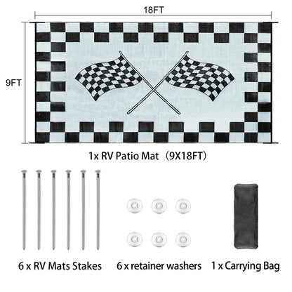EEZ RV Products 9ft x 18ft Heavy Duty Reversible/Durable Outdoor Patio/RVing Camping Mats Come with Large Storage Bag & 6 Sets of Stakes and Washer, Black & White Checker Flag