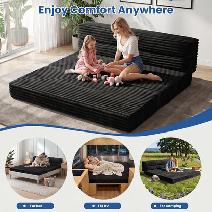 Tri-Fold Futon Sofa Bed, 6 Inch Foldable Floor Couch, High-Density Foam Convertible Sleeper Sofa with Removable Washable Corduroy Cover, Portable Floor Mattress for Living Room Bedroom Dorm RV Camping