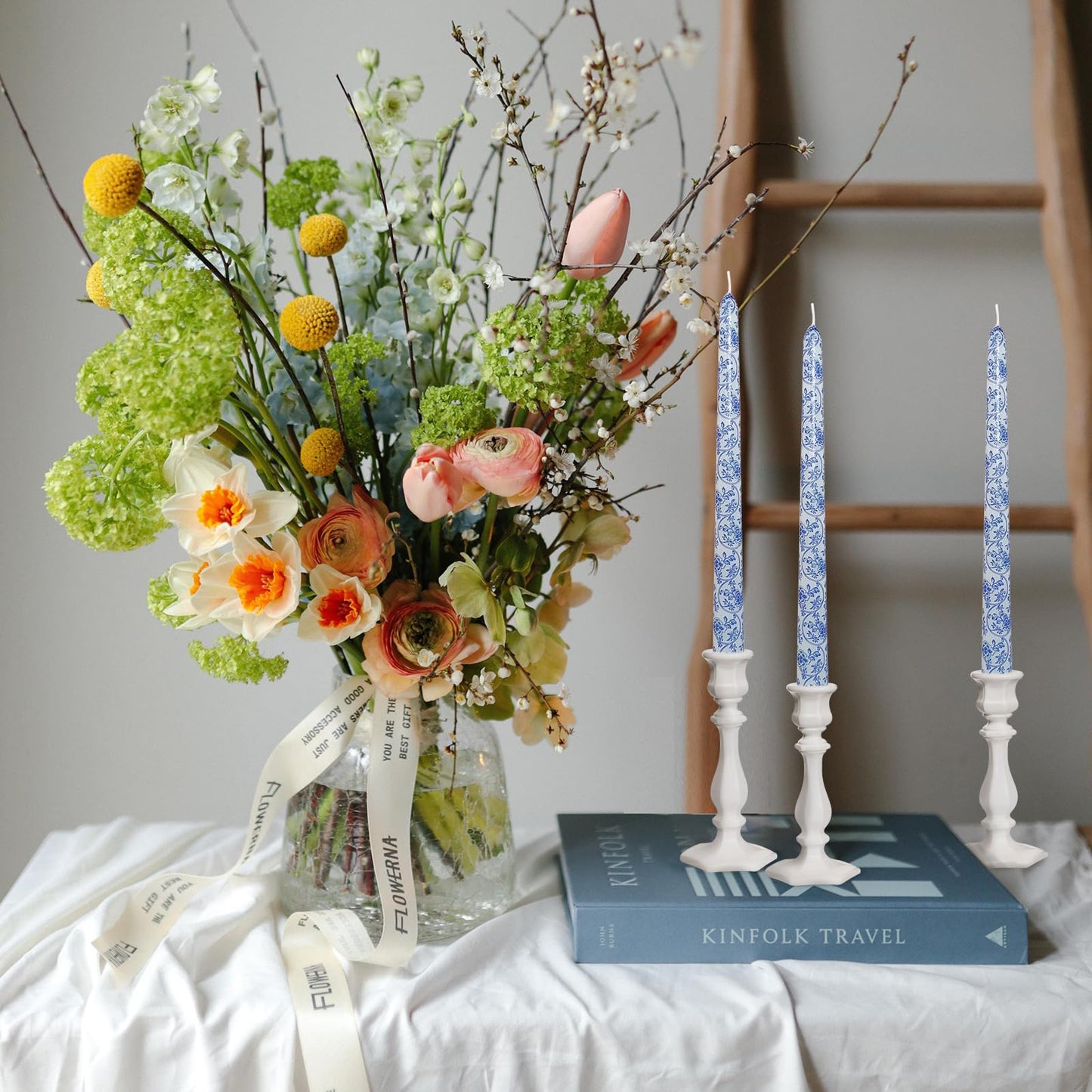 Floral Taper Candle Handmade Unscented Candlesticks 10 Inch Long Candle Sticks Blue Flower Print Tapered Candles for Home Party Wedding Party Set of 4