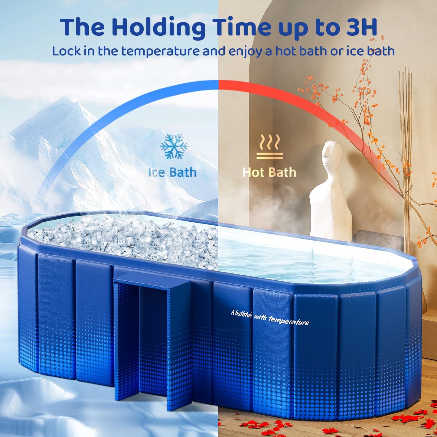 HLCZLUZ Portable Foldable Bathtub, Freestanding Bathtub No Installation, Bathroom SPA Soaking Bath Tub, Shower Stall Collapsible Hot & Ice Bath Tub (Blue with Storage Rack, 59"L x 21.6"W x 19.6"H)