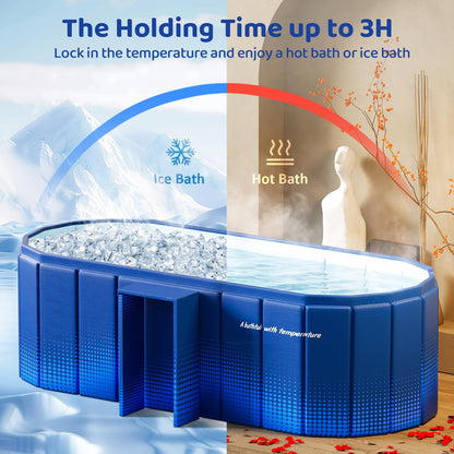 HLCZLUZ Portable Foldable Bathtub, Freestanding Bathtub No Installation, Bathroom SPA Soaking Bath Tub, Shower Stall Collapsible Hot & Ice Bath Tub (Blue with Storage Rack, 59"L x 21.6"W x 19.6"H)
