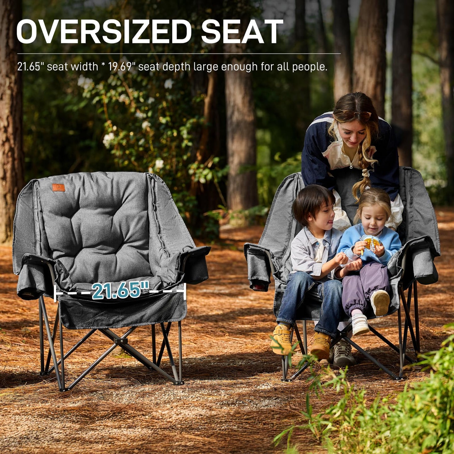 EVER ADVANCED XL Camping Chair with Detachable Cushion, Mesh Chair for Adults Foldable, Oversized Heavy Duty Folding Chair with Cooler Mesh Pocket Cupholder Outdoor Fishing, Supports 400LBS Grey