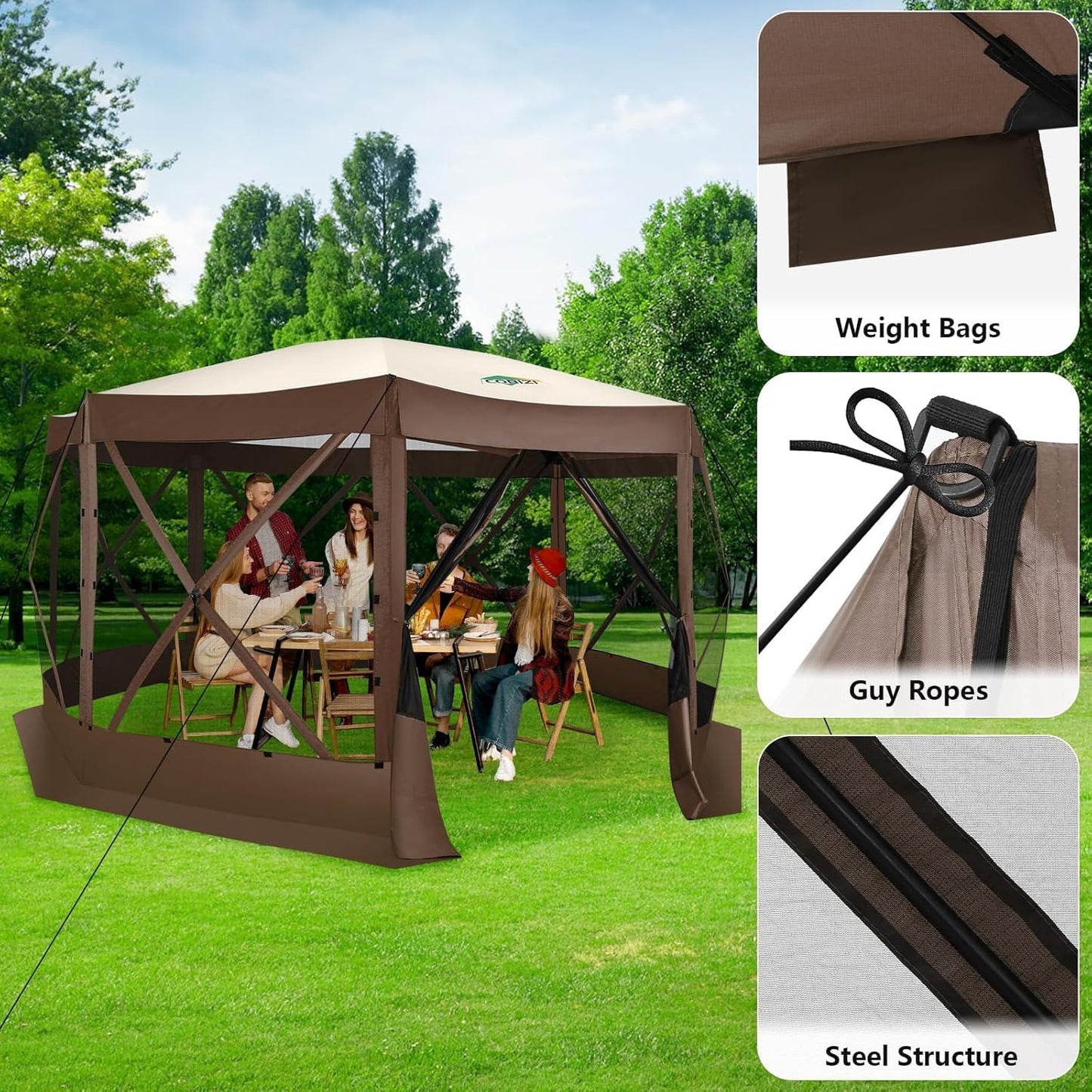 COBIZI Pop Up Gazebo Screen Tent Screen House for Camping, 15x15 Screen Room with Mosquito Netting, Hub Tent Instant Screened Canopy with Carrying Bag and Ground Stakes, Brown