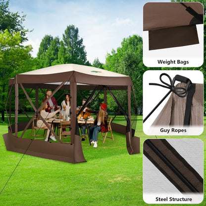 COBIZI Pop Up Gazebo Screen Tent Screen House for Camping, 15x15 Screen Room with Mosquito Netting, Hub Tent Instant Screened Canopy with Carrying Bag and Ground Stakes, Brown